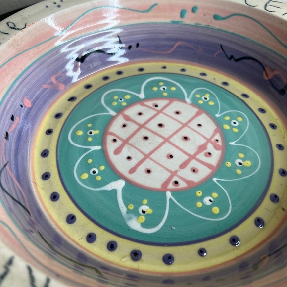 Whimsical Handmade Pottery Pie Deep Dish Plate Pan Hand Painted Apple Peach - Picture 8 of 11